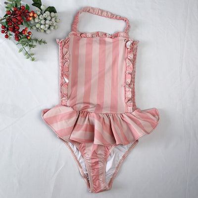 Traje de Baño Infantil Siamés a Rayas con Encaje Estilo Princesa