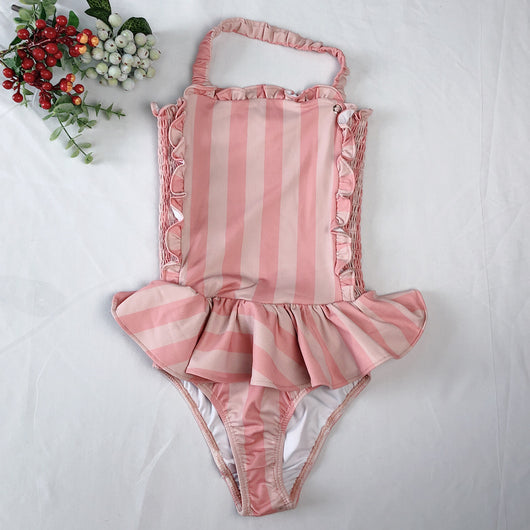 Traje de Baño Infantil Siamés a Rayas con Encaje Estilo Princesa