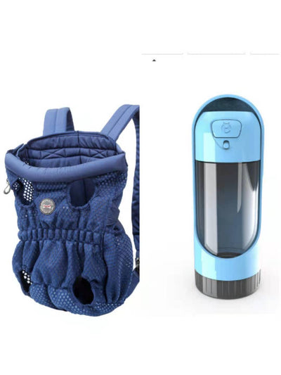 Navy blue mesh pet carrier backpack with leg holes and a light blue portable pet water bottle with a transparent reservoir. - Image 6