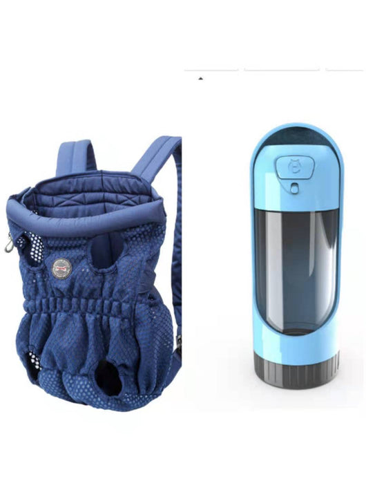Navy blue mesh pet carrier backpack with leg holes and a light blue portable pet water bottle with a transparent reservoir. - Image 6