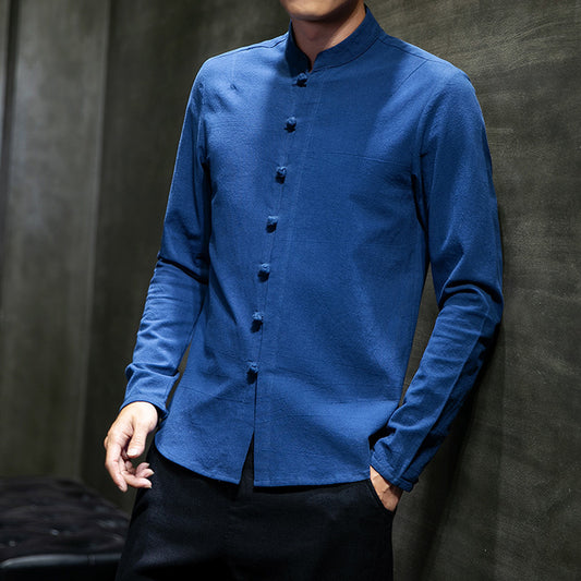 Camisa Manga Larga Talla Grande con Cuello Mao y Botones de Disco