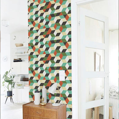 Waterproof self-adhesive wall sticker with a geometric 3D cube pattern in green, teal, orange, black, and white. - Image 8