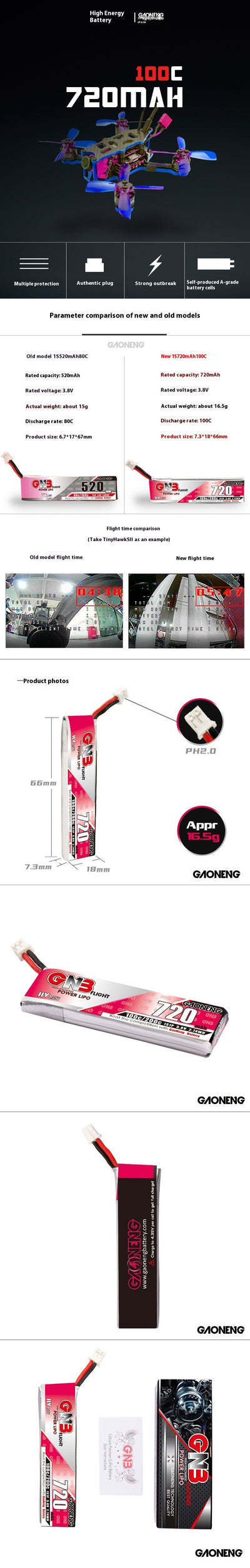 Batería de Alto Rendimiento GNB 720MAH 1S 38V para TinyHawk S II - Image 6