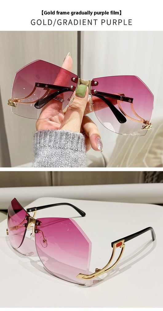 Rimless sunglasses with gradient pink lenses and gold-tone hollow temples, featuring a unique quadrilateral shape. - Image 19