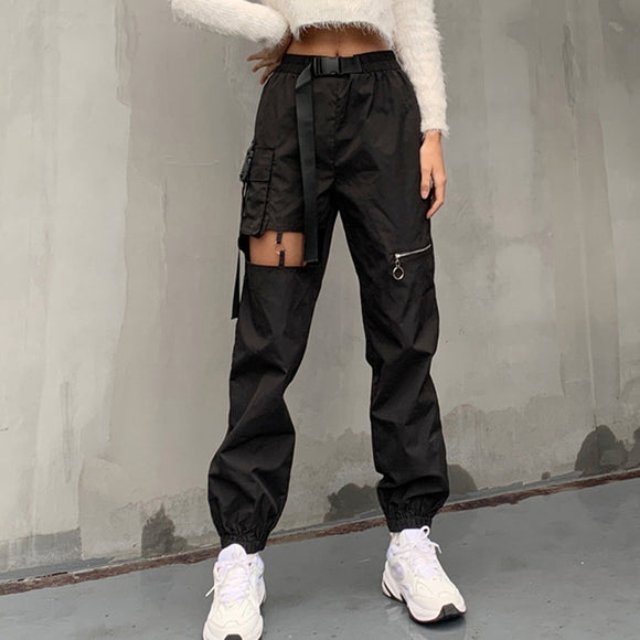 Pantalones Cargo Punk de Cintura Alta con Cremalleras Huecas