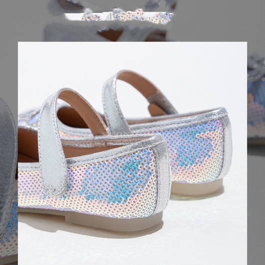 Silver sequined princess shoes for big kids with a soft sole, featuring a decorative bow and a Mary Jane strap. - Image 11
