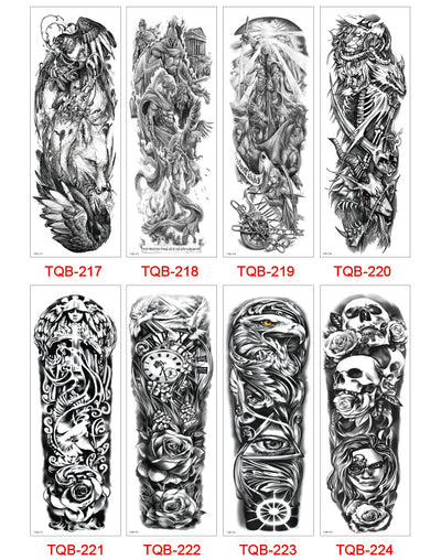 Full arm temporary tattoo sticker with a black, red, and light blue tribal design, featuring abstract shapes and patterns. - Image 47