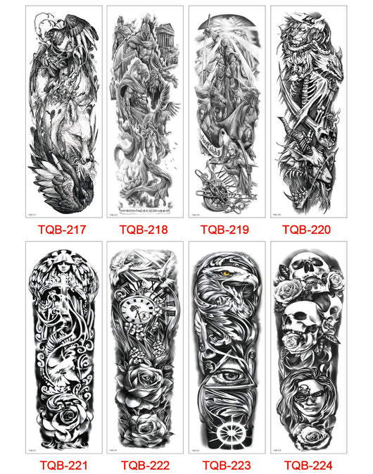 Full arm temporary tattoo sticker with a black, red, and light blue tribal design, featuring abstract shapes and patterns. - Image 47