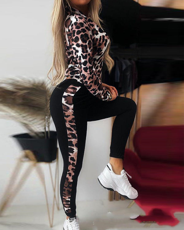 Blazer Casual con Estampado de Leopardo y Detalles de Costura Combinada