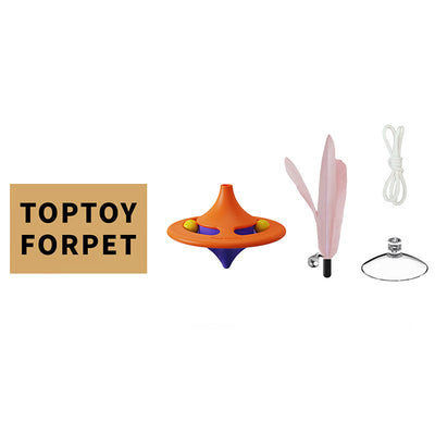 Orange and blue cat turntable toy with purple feathers, hanging from a clear suction cup on a white background. - Image 5