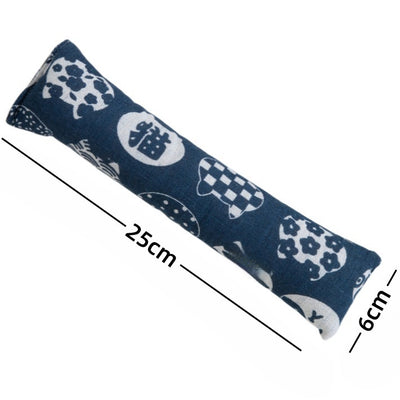 Dark blue catnip pillow toy with white cat, fish, and paw print patterns, measuring 25cm long. - Image 14