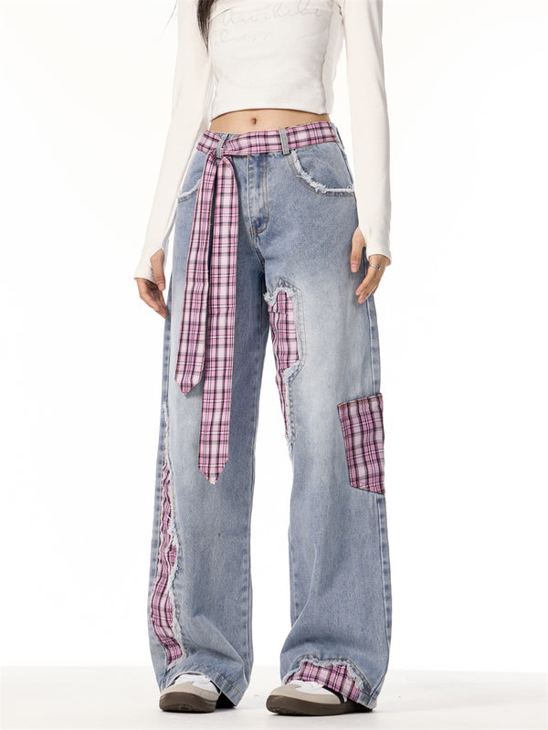 Pantalones Jeans Rectos Anchos para Mujer con Cuadros y Moño