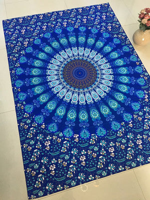 Large blue mandala hanging cloth with a detailed circular pattern and floral borders, made of chemical fiber. - Image 2