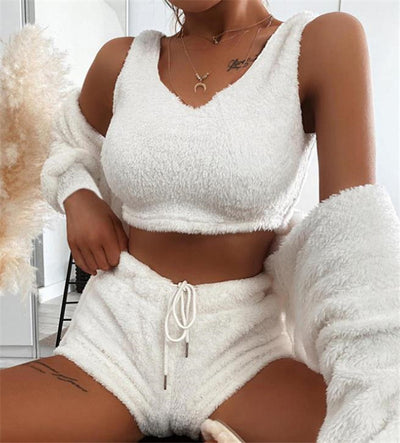 Conjunto de Pijama de Tres Piezas de Felpa Suave para Casa