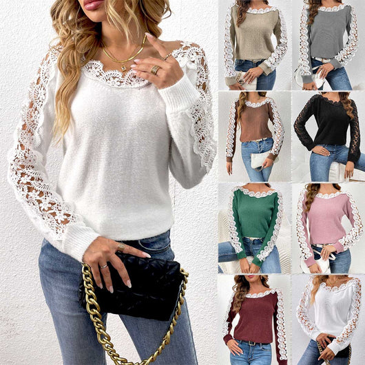 Suéter Elegante para Mujer con Paneles de Encaje y Hombros Descubiertos