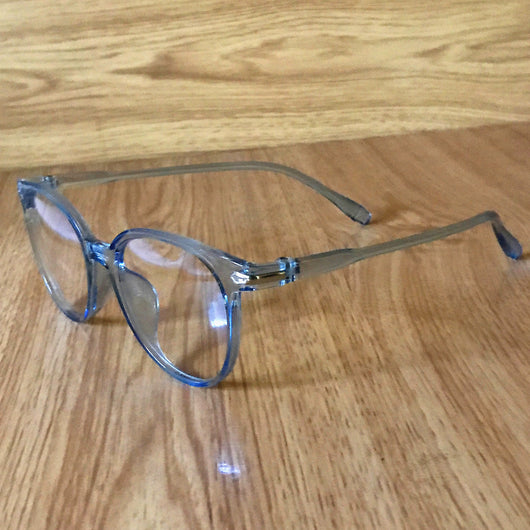 Pink round-frame anti-blue light glasses with clear lenses and small silver accents on the temples. - Image 3
