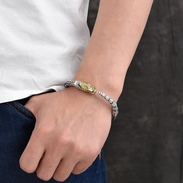 Pulsera de Plata Dragón Entrando al Mar Personalizada Estilo Retro Envejecido