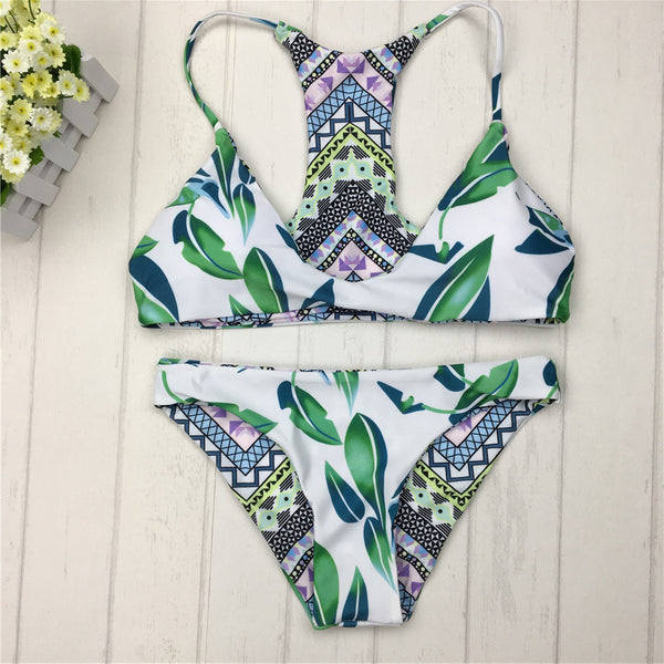 Bikini Brasileño Verde Reversible para Mujer - Traje de Baño Halter Doble Estampado