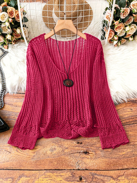 Suéter Calado Talla Grande para Mujer - Manga Larga Tejida Cuello V - Image 16