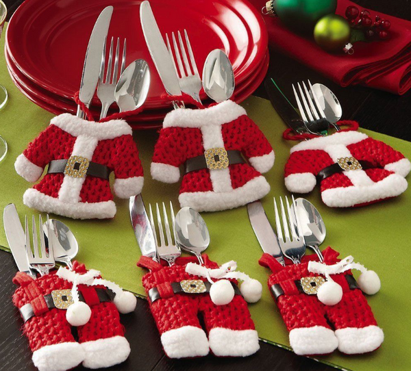 Juego de 6 Soportes para Cubiertos Navideños - Decoración Festiva de Mesa