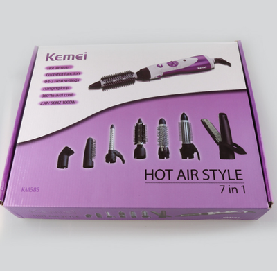 Seven-in-one hair dryer set with white and purple main unit and multiple black styling attachments in an open box. - Image 4