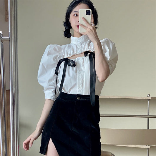 Blusa Blanca Manga Abullonada Ajustada Efecto Reductor - Image 12