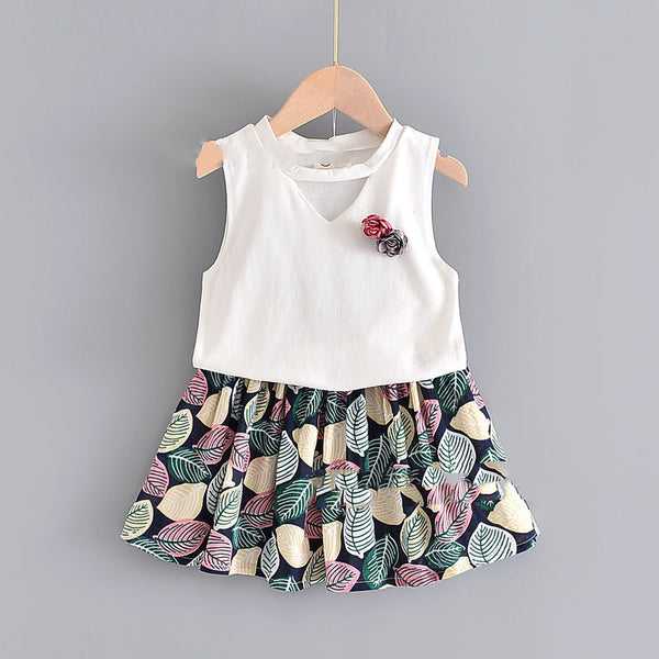 Conjunto Infantil Blusa Floral sin Mangas + Falda Estampado Hojas