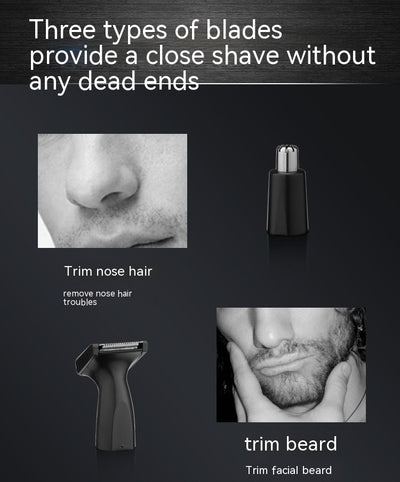 Black multifunctional men's grooming kit with electric shaver, nose hair trimmer, eyebrow trimmer, cleaning brush, and USB cable. - Image 10