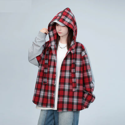 Poncho Camisa Gris con Capucha y Costuras a Cuadros - Image 13