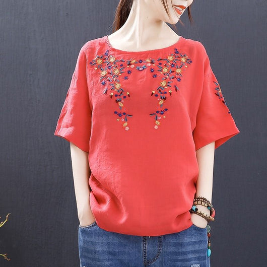 Blusa Étnica de Algodón con Bordado Cuello Redondo Manga Corta para Mujer - Image 6