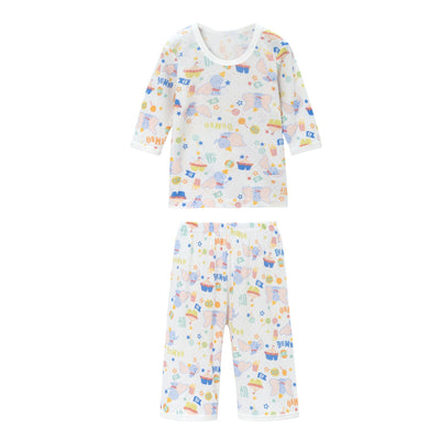 White Dumbo print children's two-piece pajama set with long-sleeve top and cropped pants for summer. - Image 2