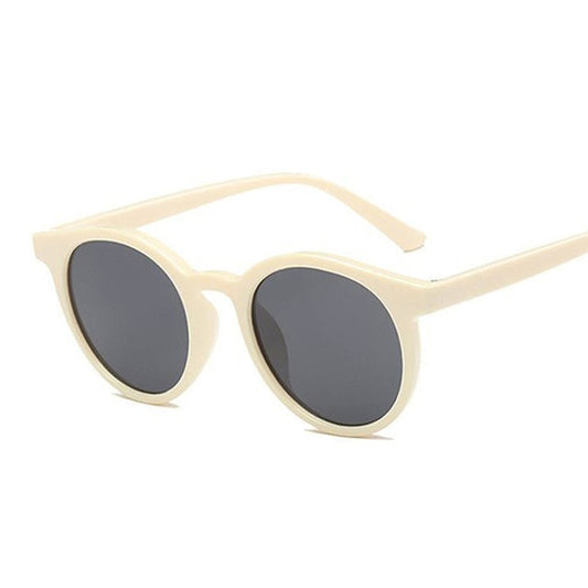 Cream retro round sunglasses with dark gray lenses, featuring a thick PC frame and UV400 protection.