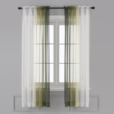 Pink and white gradient sheer rod pocket curtain panels hung on a black rod in front of a window. - Image 6
