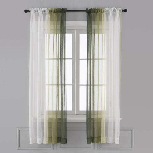 Pink and white gradient sheer rod pocket curtain panels hung on a black rod in front of a window. - Image 6