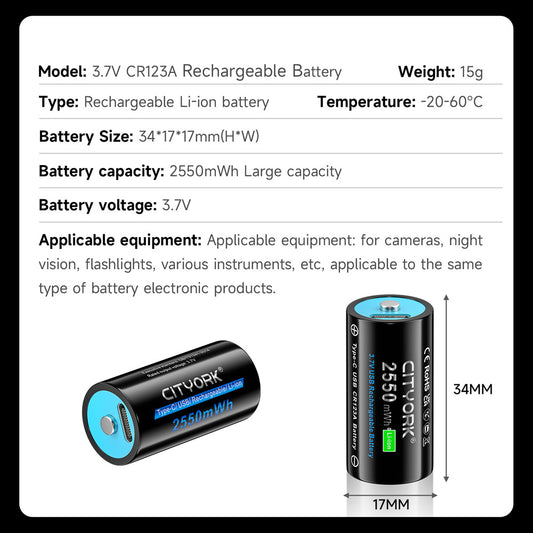 Batería Recargable USB Type-C 37V Gran Capacidad CR123A - Image 2