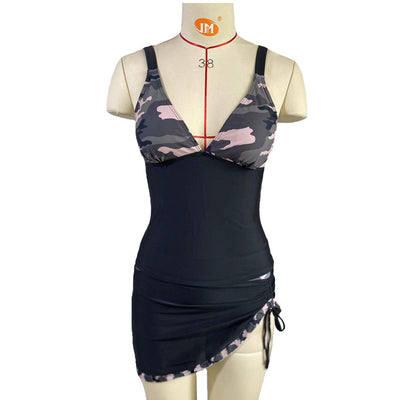 Women's two-piece swimsuit featuring a V-neck tankini top with camouflage print bust and dark grey body, paired with a matching ruched swim skirt. - Image 8