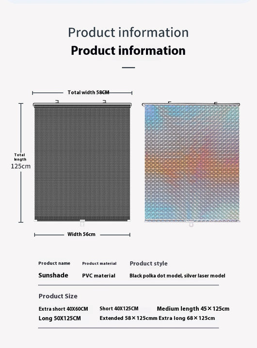 Black perforated roller blind with suction cups for window sun protection, measuring 60x40cm, shown extended. - Image 23