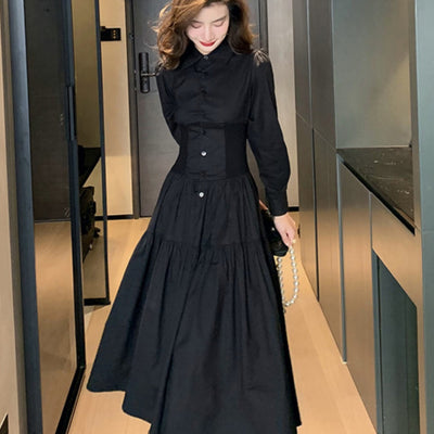 Vestido Camisero Retro Elegante Estilo Hepburn Negro