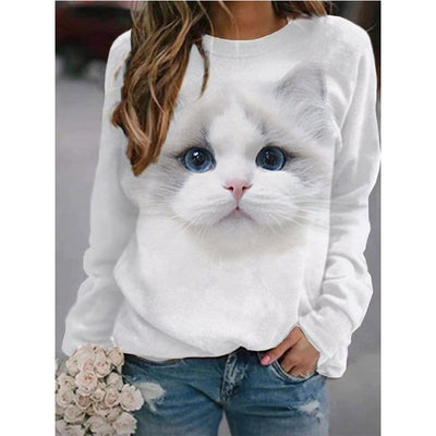 Suéter de Cuello Redondo Manga Larga para Mujer Estampado Gato - Image 3