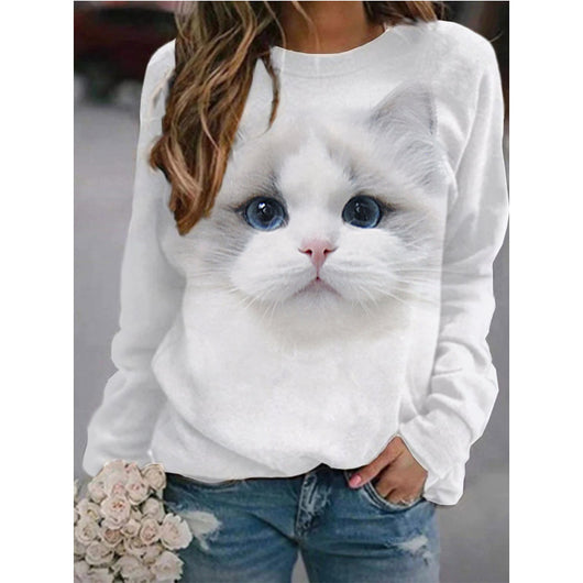Suéter de Cuello Redondo Manga Larga para Mujer Estampado Gato - Image 3
