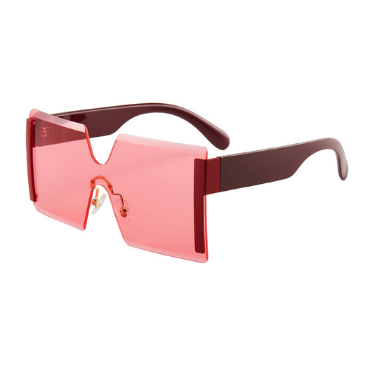 Frameless sunglasses with pink gradient lenses, black temples, and gold-tone accents on a white background. - Image 21