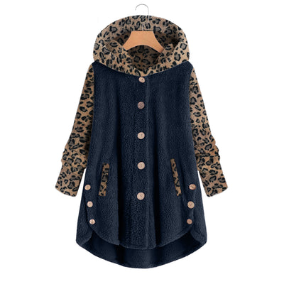 Abrigo Largo con Capucha y Empalme de Leopardo en Felpa para Mujer - Image 11