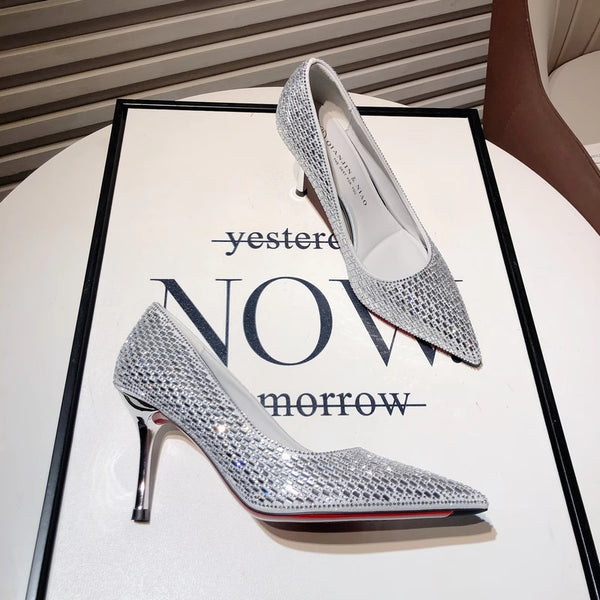 Zapatos de Tacón Stiletto Plateado Puntiagudo para Bodas y Banquetes