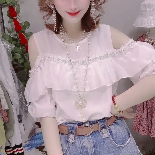 Blusa Hombro Descubierto Estilo Occidental Manga Corta Elegante
