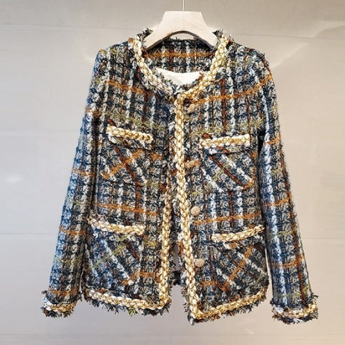 Abrigo Tweed Corto Cuadrille con Flecos para Mujer