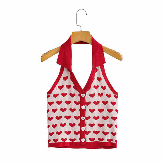 Blusa Halter Corta con Jacquard de Corazones