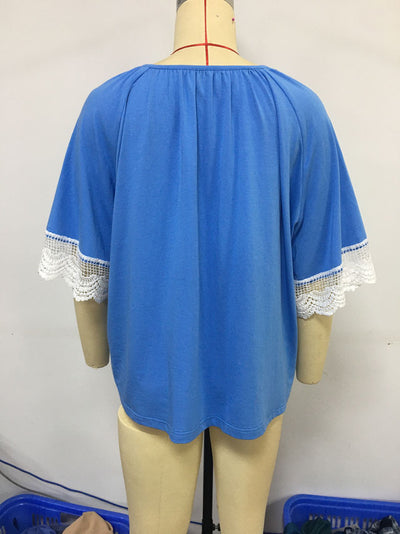 Blusa Étnica con Cuello de Encaje y Manga Corta Suelta - Image 15