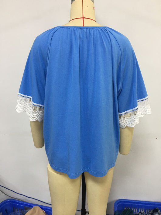 Blusa Étnica con Cuello de Encaje y Manga Corta Suelta - Image 15