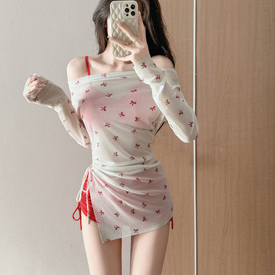 Women's three-piece swimwear with a black bikini and a sheer white off-shoulder long-sleeve bow print cover-up. - Image 11