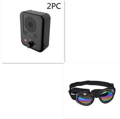 Black ultrasonic anti-barking device with a red light and a control knob, next to yellow pet goggles with rainbow lenses. - Image 14